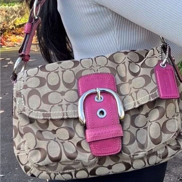 EUC...Vintage Coach Signature Pink Poppy Buckle Satchel Purse. - Picture 2 of 5